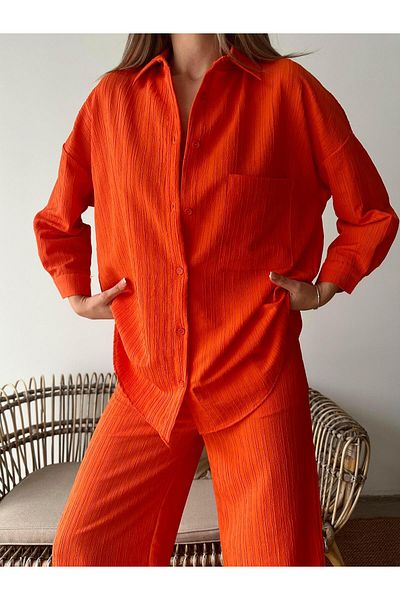 SEDA FİDAN Orange Wrapped Shirt and Trousers Set