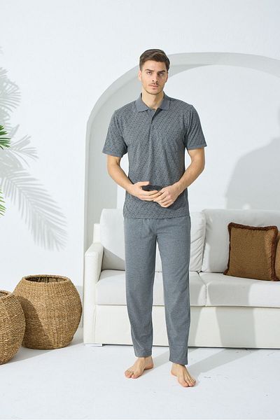 KLY Σετ Πυτζάμες Polo Neck - 100% βαμβακερό χτενισμένο, με κουμπιά