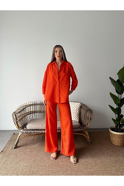 SEDA FİDAN Orange Wrapped Shirt and Trousers Set