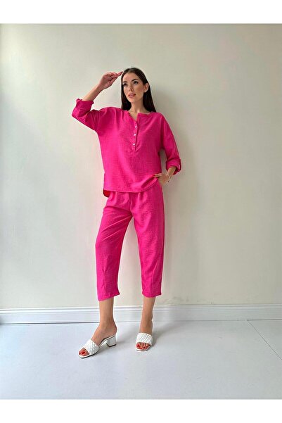 SEDA FİDAN Belis Önü Düğmeli Keten Ikili Takım Pembe