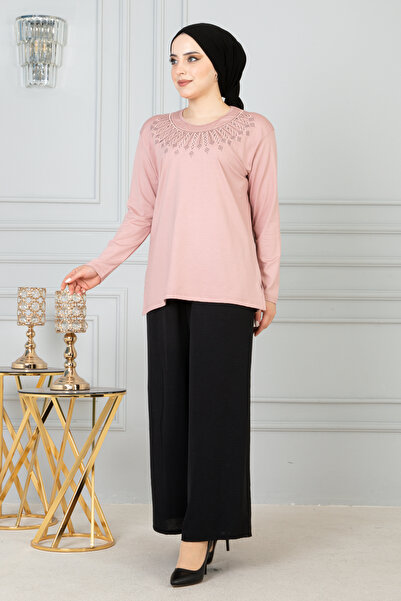 FATELLA Дамска розова блуза с дълги ръкави от еластичен памук с шарки отпред