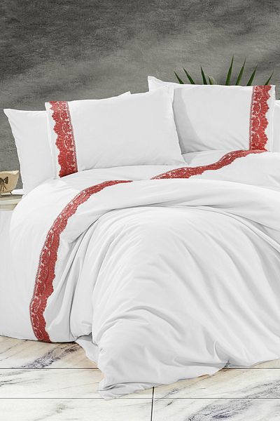Evlen Home Collection Σετ Παπλωματοθήκη με Δαντέλα Nirvana 100% Βαμβάκι Διπλό (3 Τεμάχια) Κρεμ κόκκινο