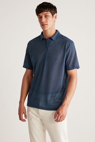 GRIMELANGE Toby Férfi Polo Linen Look Tiril Tiril Fabric Sötétkék Polo galléros póló