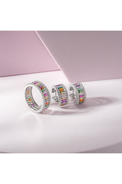 Yantra Silver Mix Taşlı Baget Tamtur Gümüş Set Yüzük ve Küpe