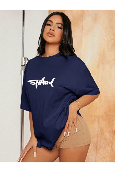 Revasser Kadın Büyük Beden Shark Renkli Özel Baskılı Oversize Pamuk Bisiklet ...