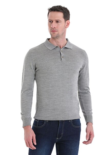 Hatemoğlu Gri Regular Fit Düz Polo Yaka Triko Kazak