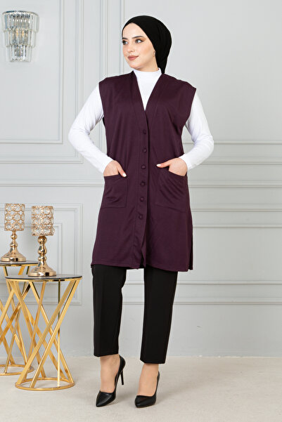 FATELLA Women's Plum Mother Long Thin Buttoned Pocket Combed Cotton Vest Moth...