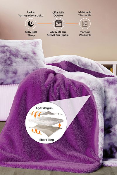 Evlen Home Collection Double (Sided) Personality Fur Quilt Sleeping Set Soft Filled Wellsoft 3 Piece Kuki Bedspread Lilac