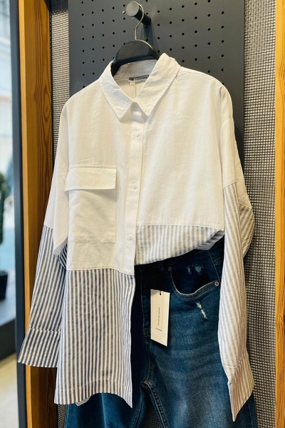 FEMELLE Kadın Beyaz Tek Cepli Çizgili Geniş Kalıp Oversize %100 Pamuk Gömlek ...