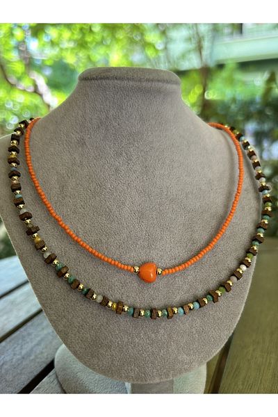 ByMerve Bym421 Wooden Beads Brown and Orange Colored 2-Piece Women's Necklace Set