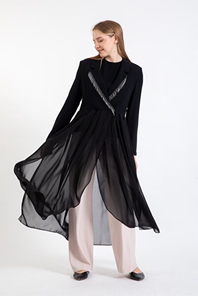 Esswaap Yaka Kenarı Zincir Aksesuarlı Eteği Kırma Şifon Detaylı Pantolonlu Takım Taş