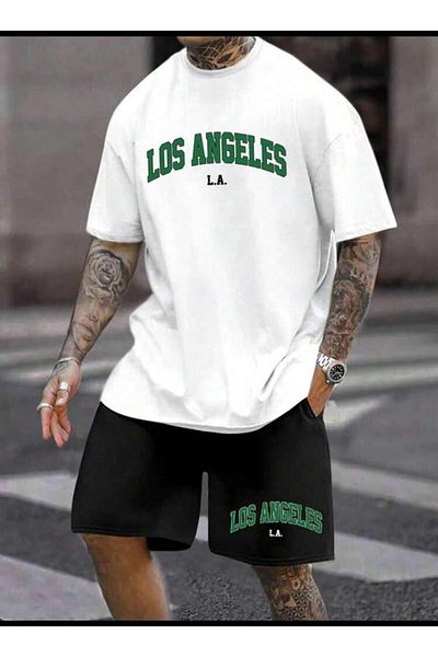 SELENA BUTİK Unisex L.A. Λευκό T-Shirt Μαύρο Σορτς Κάτω Κοστούμι