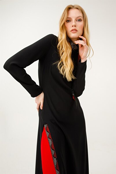 Esswaap Atkı Üzeri Ve Yırtmaç Kenarı Taş Işli Pantolonlu Şık Takım Kırmızı