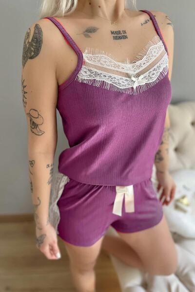 Pijamaevi Purple Plain Pegasus Lace Detailed Knitted Pajama Set with Rope Strap Shorts