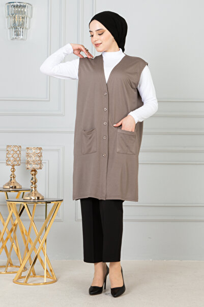 nacar çarşı Kadın Anne Uzun Ince Düğmeli Cepli Penye Yelek Anneler Günü