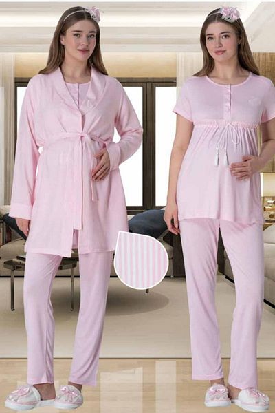 Mecit Pijama Σετ ριγέ πιτζάμες και ρόμπα εγκυμοσύνης - 75% βισκόζη 25% λύκρα σετ 3 τεμαχίων