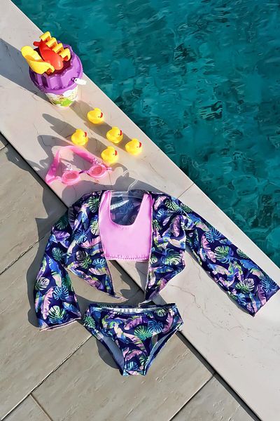 Mayom Girl's Leaf Patterned Pareo Bikini Set 3 Pieces Set