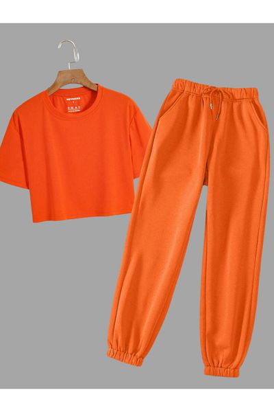 Revasser Women's Plain Special Colored Oversize Combed Cotton Crew Neck Crop Tracksuit Set
