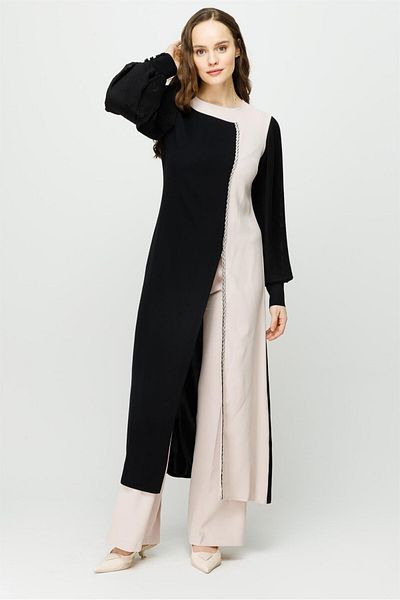 Esswaap Handle Pleated Front Slit Stripe Stone Detailed Trousers Set Stone