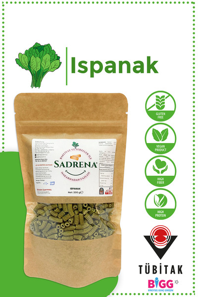 Sadrena Glutensiz & Vegan Yüksek Protein ve Lif İçeren Ispanaklı Makarna 200gr.