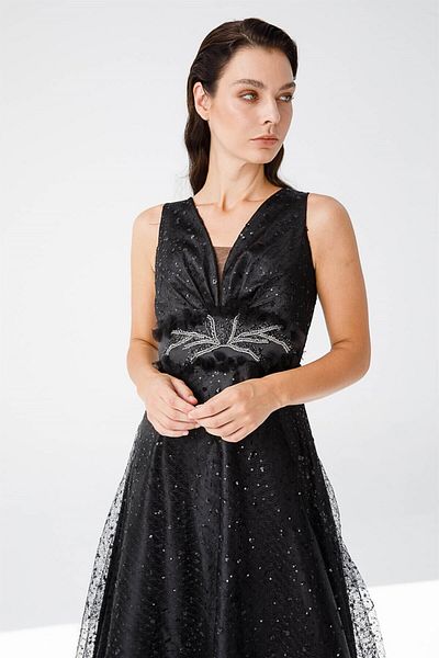 Esswaap Black SequIn Lace - Stone EmbroIdered Flared SkIrt EvenIng Dress