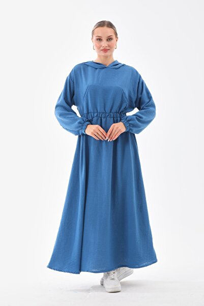 WestBound Kadın Yazlık Keten Tesettür Spor Elbise Kapüşonlu Belden Büzgülü Cepli İNDİGO