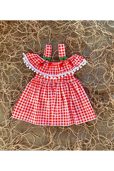 FK HERA STORE Kız Bebek Kareli Kiraz Detaylı Lüx Elbise Kol Üstü Detaylı