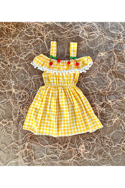 FK HERA STORE Kız Bebek Kareli Kiraz Detaylı Lüx Elbise Kol Üstü Detaylı