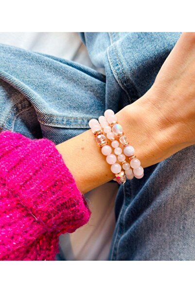 Padore Accessory Işık ve Sevgi Pembe Kuvars Seti: Kadın Doğal Taş Bileklik
