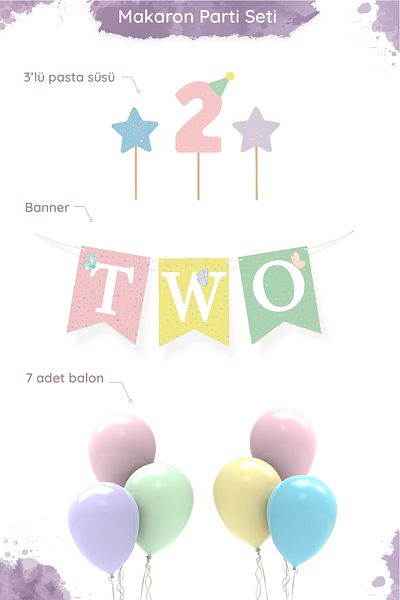 Hey Parti Σετ πάρτι γενεθλίων με θέμα το Macaron για 2 ετών (KELEBEK BANNER UNICORN)