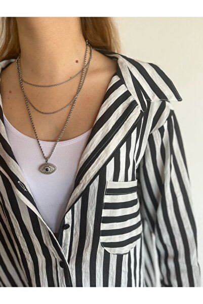 LİMABEL Cămașă de vară supradimensionată - dungi negre, albe, cu potrivire largă