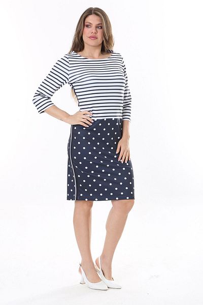 Şans Γυναικείο μεγάλο μέγεθος Navy Blue Marine μοτίβο Lycra Satin φόρεμα 65N37785