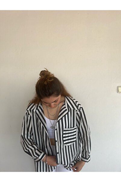 LİMABEL Cămașă de vară supradimensionată - dungi negre, albe, cu potrivire largă