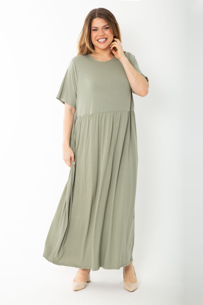 Şans Women's Large Size Khaki Waist Gathered Short Sleeve Long Dress 65N37757