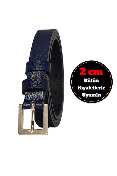 GoDeri 100% Genuine Leather, Gold Color Buckle Thin 2 cm Navy Blue Women's Belt; Dress, Trouser Belt_square