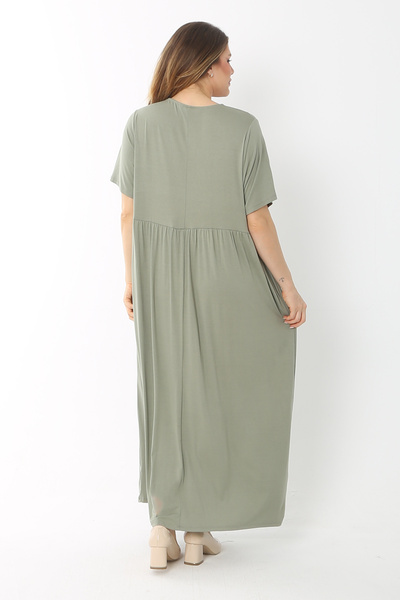 Şans Women's Large Size Khaki Waist Gathered Short Sleeve Long Dress 65N37757