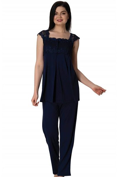 LOHOUSE Navy Blue Lace Women's Maternity Pajama Set - Strappy Cotton Maternity