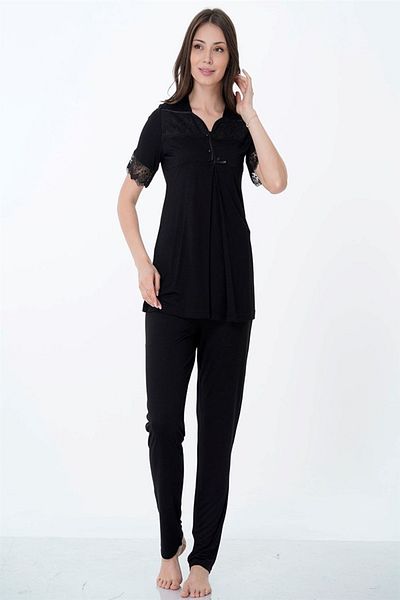 LOHOUSE Black Lace Women's Pajamas and Dressing Gown Set - Set of 3 for Pregnant Maternity