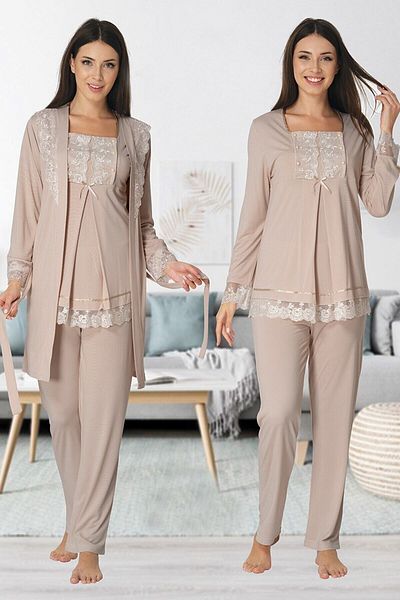 LOHOUSE Mink Lace Skirted Cotton Dressing Gown Maternity Pajama Set - Maternity