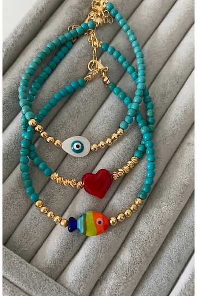 SU PERİSİ TAKI BİJUTERİ Blue Bead Anklet with Evil Eye Bead Detail