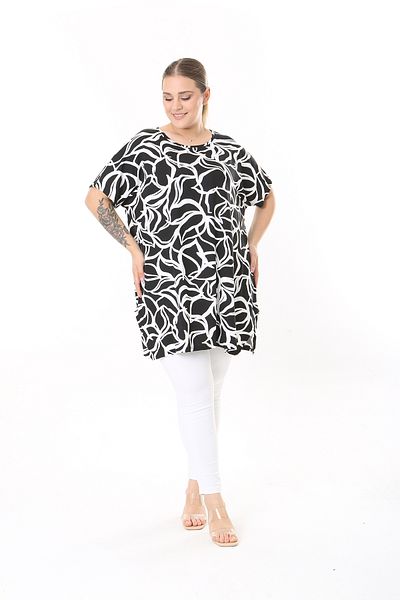 XL Modam WOMEN'S LARGE SIZE BLACK AND WHITE PRINTED LYCRAL TUNIC