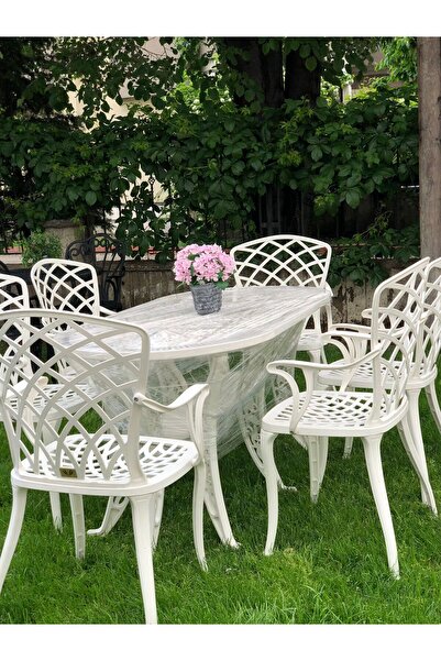 IVF HİTİT model ferforje görünümlü PLASTİK 6 kişilik Oval masa ve sandalye ta...