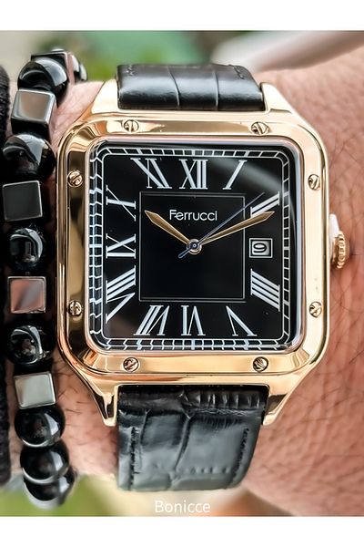 Ferrucci Black Leather Cord, Rose Square Case, with Calendar, Roman Numeral Dial Men's Wristwatch with Bracelet Gift