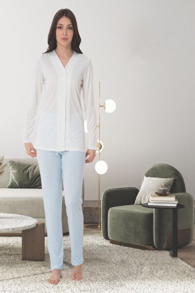 LOHOUSE Kadın Mavi Uzun Kol Büyük Beden Önden DüğLOHOUSEi Pamuklu Hamile Lohusa Pijama Takımı