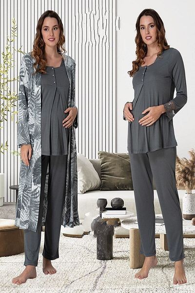 LOHOUSE Smoke Colored Lace Maternity and Maternity Pajamas and Dressing Gown Set - Long Sleeve, Cotton