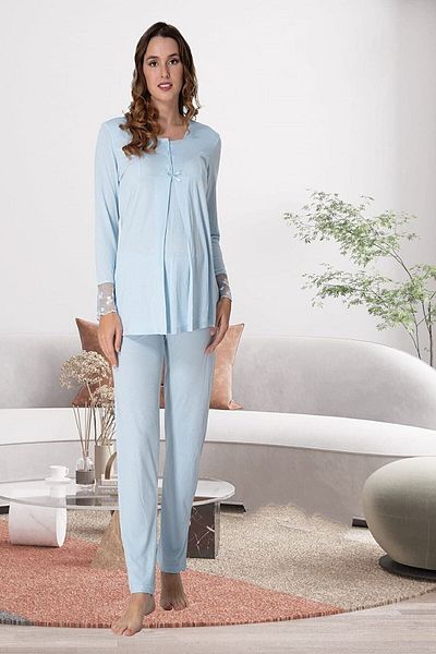 LOHOUSE Set de pijamale și rochii de maternitate și maternitate din bumbac cu model albastru - Set cămașă de noapte cu mâneci lungi
