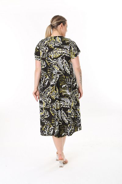 XL Modam WOMEN'S LARGE SIZE BLACK LEAF PATTERNED LYCRAL DRESS