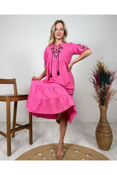 Butik Serdivan Pink Vintage Ethnic Trend - Γυναικείο Φόρεμα, Κέντημα με Φούντες