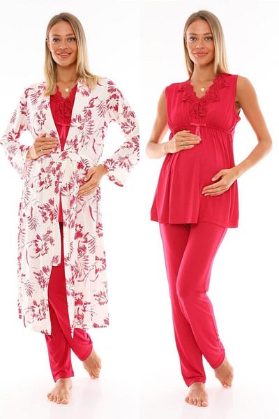 LOHOUSE Fuchsia Lace Collar Women's Pajamas Set - Set of 3 with Comfortable Dressing Gowns