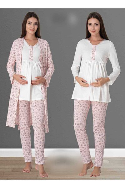 LOHOUSE Pink Patterned Cotton Women's Pajamas and Dressing Gown Set - Set of 3